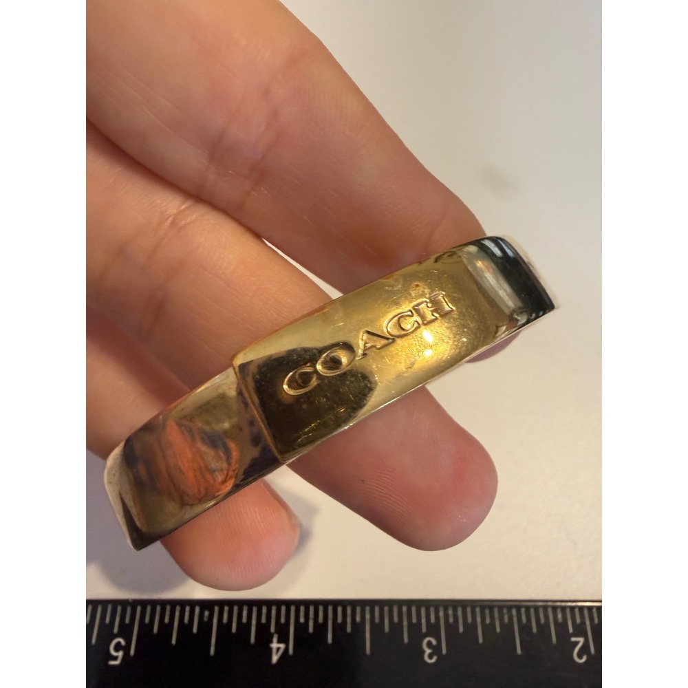 Coach‎ Gold Tone Hinged Bypass Bangle Bracelet Logo Embossed Cuff